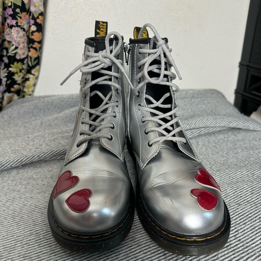 Dr. Martens Silver Combat Boots with Red Heart Accents - Picture 3 of 6